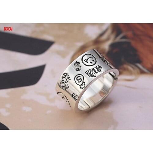Real s925 sterling silver personality creative smiley symbol ring Thai silver Korean version of wild open ring