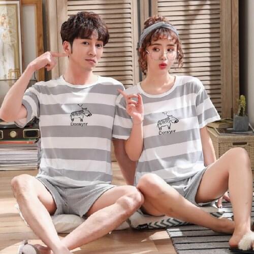 For Couples Simple Sleepwear Set Lovers Cartoon Short Sleeved Pyjamas Pjs Men Women Fashion Pijamas Suit Hot sell Summer Pajamas