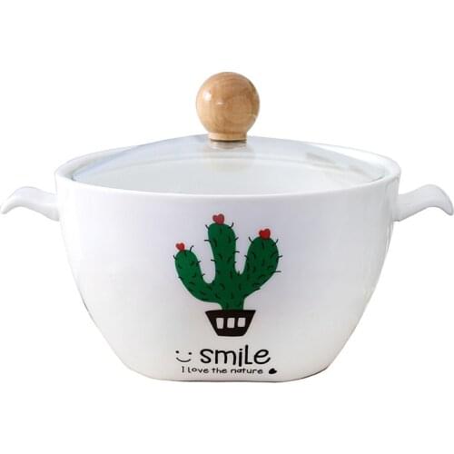Creative Cactus Potted Ceramic Instant Noodle Bowl Nordic Square Bottom Meal Soup Bowl with Cover Porcelain Bowl