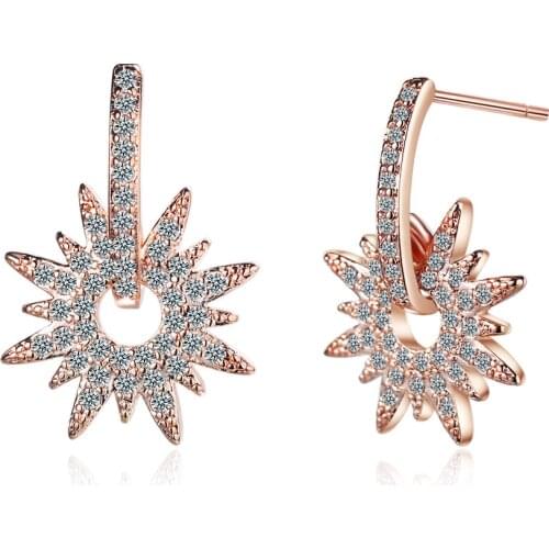 Crystals Sunflower Stud Earrings Real S925 Silver Piercing Fine Jewelry For Women Wedding 2020 Christmas Gift