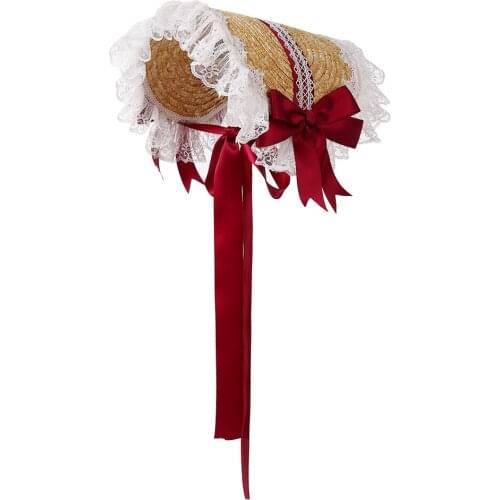 Lolita Bows Lace Straw Bonnet Girls Women Victorian Tea Party Sun Hat