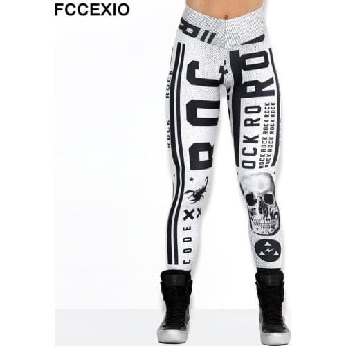 FCCEXIO Women Fashion White Sport High Waist Slim Leggins New Letters Pattern Elastic Force Breathable Polyester Skull Leggings