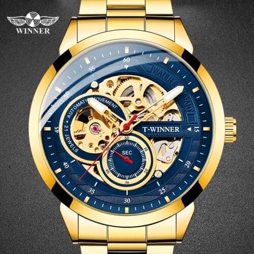 WINNER Mechanical Watch Stainless Steel Strap Skeleton Gold Blue Watch Top Brand Luxury Business Watch Luminous Male Clocks