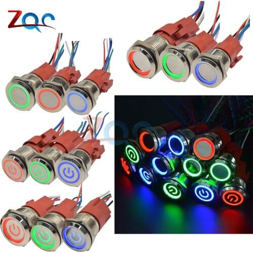 16mm 19mm 22mm Metal Push Button Switch Ring/Power LED 250V 5A Self-lock Reset Momentary Latching Waterproof for Car Auto Engine