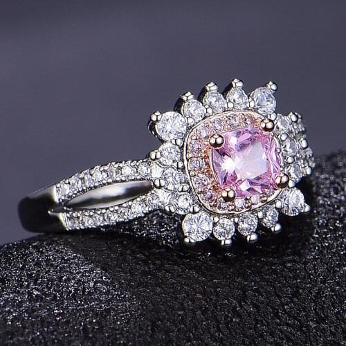 Fashion Chic Pink Crystal Princess Zircon Diamonds Gemstones Rings for Women White Gold Silver Color Bague Jewelry Wedding Gifts