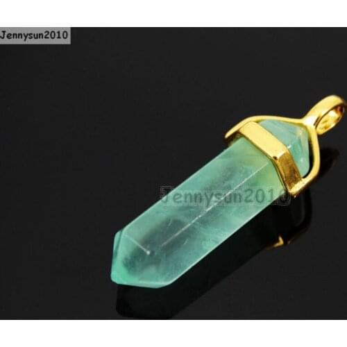 Natural Green Fluorite Gems Stones Hexagonal Pointed Healing Reiki Chakra Gold Pendant Beads Necklace Jewelry 10Pcs/Pack