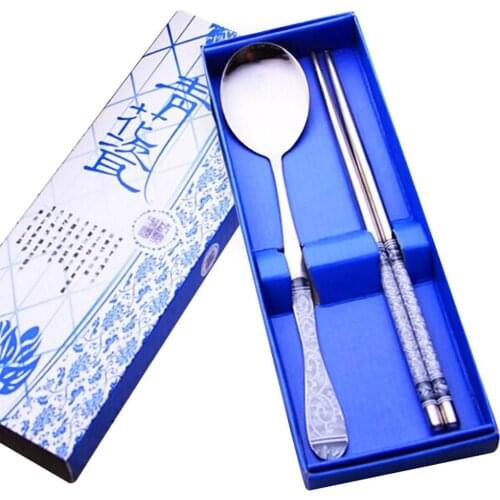 2Pcs Portable Creative Outdoor Travel Stainless Steel Chopsticks Spoon Tableware Gift Set Sticks Cartoon children gift