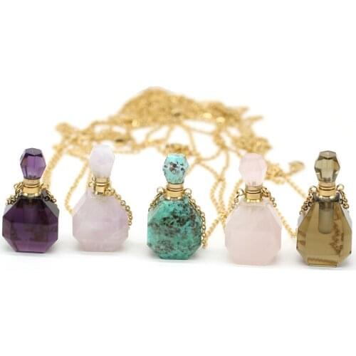 Perfume Bottle Pendant Necklace Natural Gem Stone Faceted Amethysts Quartz Essential Oil Diffuser Vial Jewelry Womens Necklaces