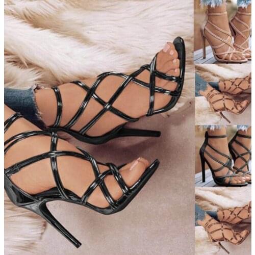 11CM womens shoes fish mouth hollow cross thin belt high heel sandals Roman shoes 35--43 large size