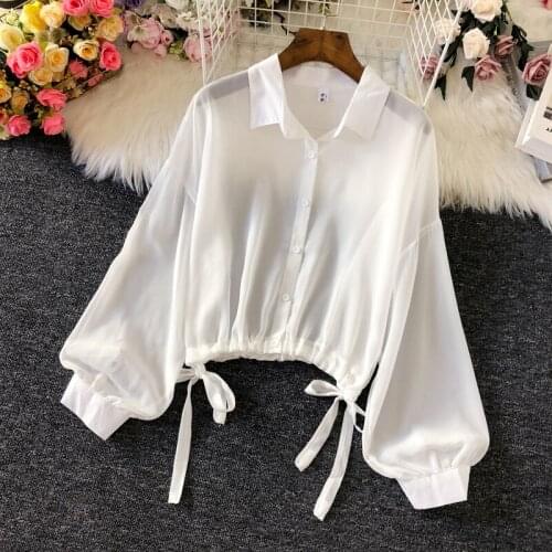 Lantern Sleeved Chiffon Women Shirts Summer New Design 2021 Drawstring Loose Short Empired Solid Office Lady Outwear Tops