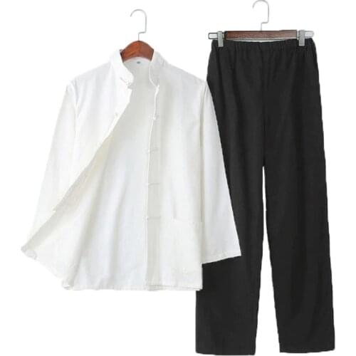 Umorden Pure Cotton Traditional Chinese Tang Suit Long Sleeve Set Kung Fu Clothes Uniform Shirt Coat Pants for Men