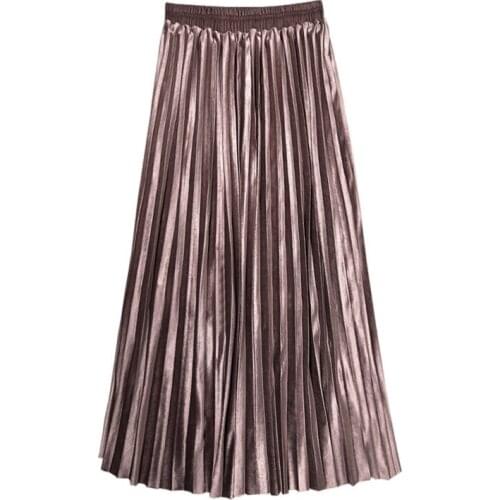 PERHAPS U Black Brown Silver Green Elastic Waist Midi Velvet Skirt Pleated Ruched Solid Winter Autumn Casual S0194