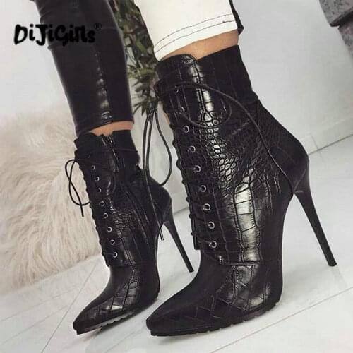 Dropship Women Ankle Spring/Autumn Boots PU Leather Pattern Pointed Toe Lace Up Thin High Heels Shoes Sexy Fashion Chelsea Boots