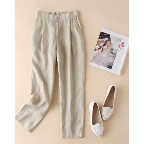 Spring Korea Fashion Women Pants Plus Size All-match Casual Solid Cotton Linen Harem Pants Elastic Waist Ankle-length Pants D150