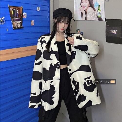 Large Size Clothing 2021 Spring Loose Mid-Length Blazer Cow Pattern Casual Long Sleeve Suit Jacket Women Outerwear zh681