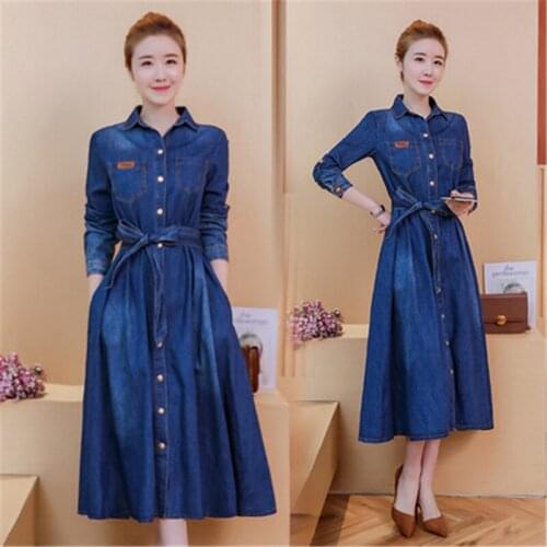 Lapel a-shaped mid-length long-sleeved fashion denim pluse size women dress spring autumn elegant female dress blue S-2XL