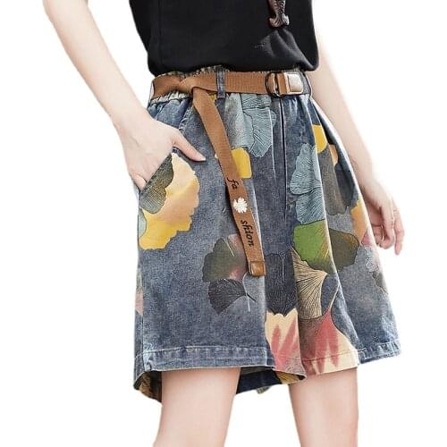 2021 Summer Literature-Art plus size thin denim print wide-leg shorts five-point pants women pocket belt cotton soft breathable