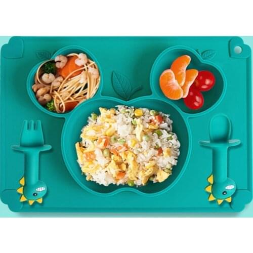 3Pc/Set Baby Feeding Dinner Plate Food Grade Silicone Tableware Anti-Drop Food Supplement Plate Non-Slip Bowl Spoon Fork Sets