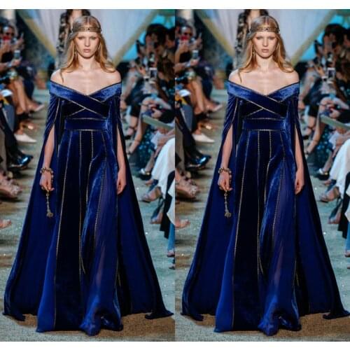 Velvet Prom Dresses With Wrap Cape Off Shoulder Long Sleeves Evening Gowns Custom Made Designer Formal Dresses