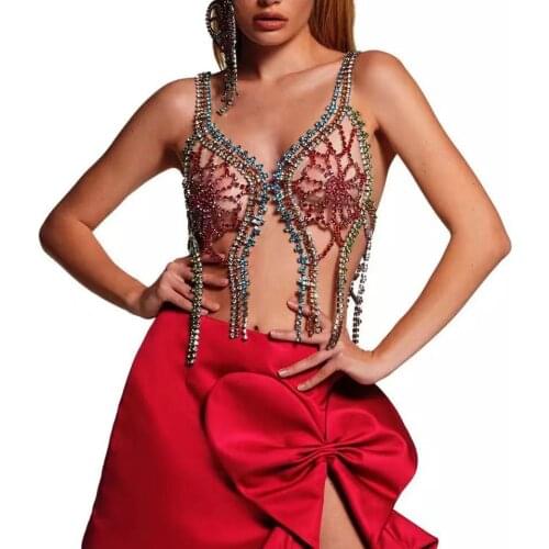 Long Tassel Mixed Color Rhinestone Bra Chain Lingerie Top for Women Sexy Crystal Bra Necklace Body Chest Chains Bikini Jewelry