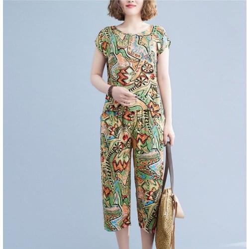 Summer Sets Thin Soft Cotton Nylon Print Floral Vintage 2 Piece Women Clothes Set Tops Loose Pants Woman Casual Set Suits