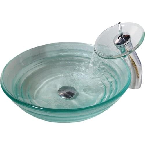 JIENI Round Translucent Tempered Glass Vessel Sink Bathroom Sink With Waterfall Chrome Polished Faucet And Water Drain