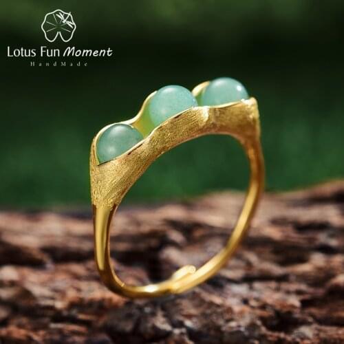 Lotus Fun Moment Real 925 Sterling Silver Vintage Fashion Jewelry Natural Green Stones Creative Pea Pods Design Rings For Women