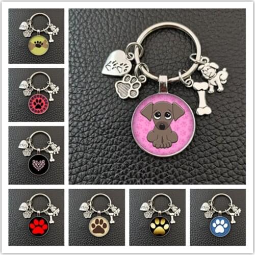 Cartoon pet paw footprint round glass cabochon animal pendant keychain cat and dog paw pattern glass keychain jewelry gift