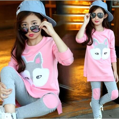 2020 New arrival Childrens clothing autumn new middle-aged baby long-sleeved suit girl cartoon fox head two-piece casual suit