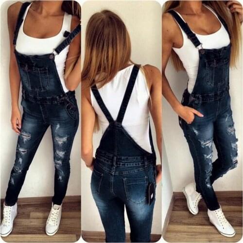 New Style Suspenders Jumpsuit Girls Ripped Denim Jumpsuit Casual Fashion Feet Trousers Dark Slim Womens Sleeveless Jumpsuit