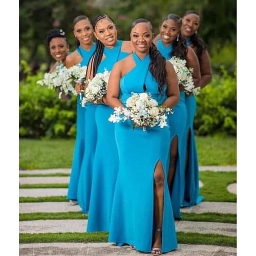 2021 Blue Halter Long Bridesmaid Dresses Slit Mermaid African Girl Women Wedding Party Dress Plus Size vestidos Prom Formal Gown