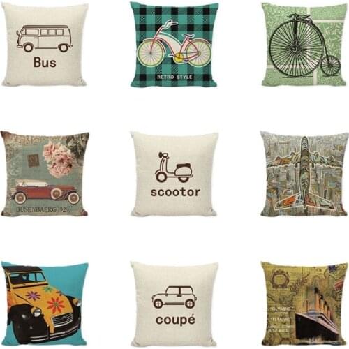 Romantic Shabby Chic Vintage Bicycle Airplane Car Pictures Cushion Cover Mid Century Game Small Burlap Decor Home Pillow Covers
