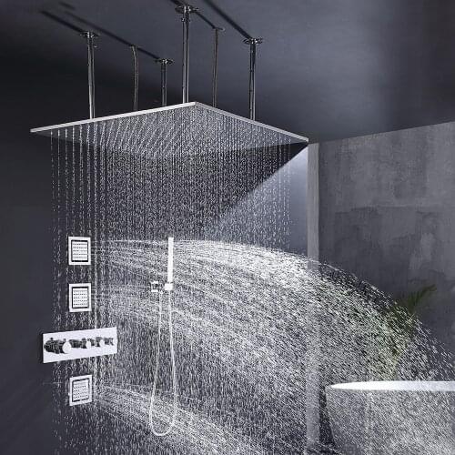 Luxury Ceiling install 24 inch 600*600mm Brass Top Shower head faucet set 3 Functions Copper Thermostatic Rainfall Shower,Chrome