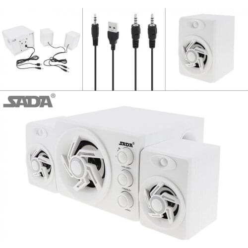 SADA D-209 2.1 Mini White 3W Wooden Subwoofer PC Speaker Portable Music USB Computer Speaker for Desktop TV PC Smartphone