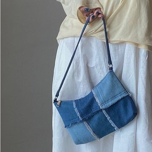 Vintage Denim Stitching Women Underarm Bag Fashion Ladies Contrast Color Small Shoulder Bags Armpit Bag Female Baguette Handbags