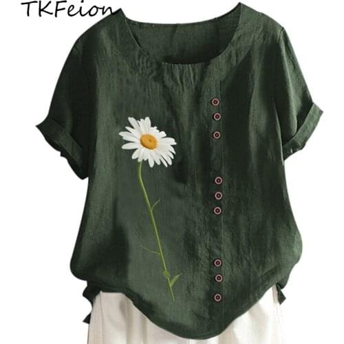 Women Summer Shirt Tops Fashion Button Daisy Flower Print Short Sleeve O-Neck ArmyGreen Female Loose Casual Blouse Plus Size 5XL