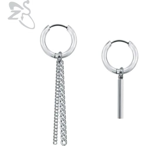 ZS Punk Style Hoop Earrings Jewelry Boys Long Earrings 2 Pcs Tassel Accessories Hip Hop Brincos Asymmetric Female Girls Men