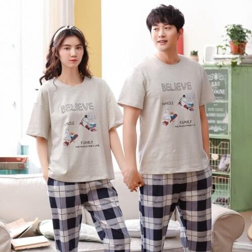 Women and men summer new Korean cotton couple short sleeve trousers comfortable thin print casual two piece pajama sets pajamas