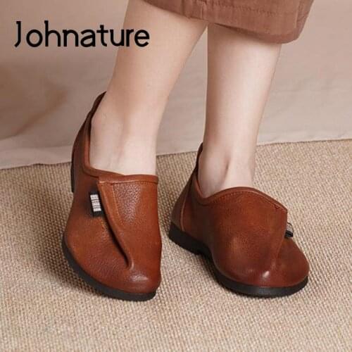 Johnature Pumps Women Shoes Genuine Leather Casual Retro Spring/Autumn 2021 New Shallow Handmade Concise Leisure Ladies Shoes