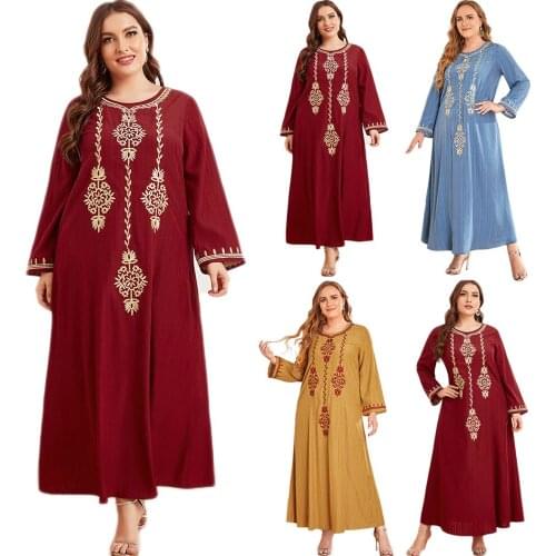 Women Embroidery Kaftan Long Dress Arabic Abaya Dubai Loose Casual Maxi Robe Muslim Islamic Clothing Ramadan Middle East Plus