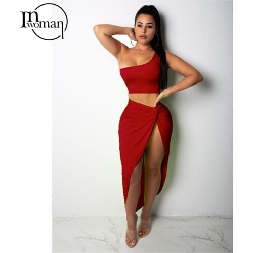 Inwoman Sexy Backless One Shoulder Crop Top Side Slit Skirt Ruched Skirt Summer 2 Two Piece Set Women Club Maxi Skirts Outfits