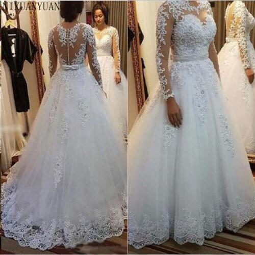Long Dress Elegant Vestido De Noiva Long Sleeves Wedding Dress 2021 New Vintage Lace Appliques Pearls Bridal Gown