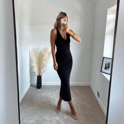 SLMD 2021 Women Stylish Chic Black Back Cross Chains Slim Knitted Midi Dress Female Elegant Sexy Backless V-Neck Strap Dresses