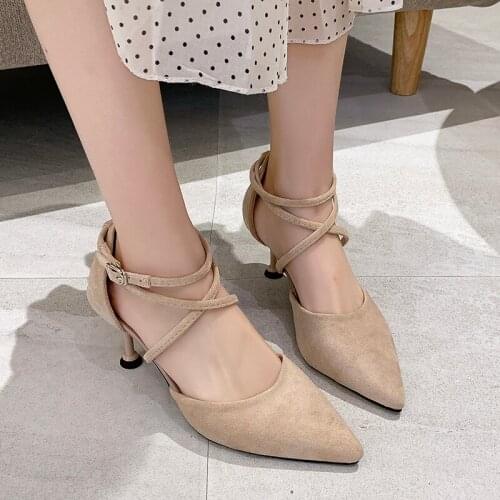 2020 Fashion Heels Women Shallow Buckle Frosted Leather Mature Lady Cross Belt Pointed Toe Casual High Heel Single Shoes W32-05