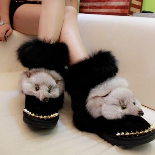 2021 Fashion Fox Fur Warm Shoes Female Autumn Snow Boots Women Ankle Flat Leather Rivet Boots