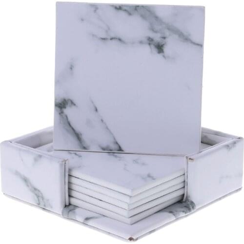 6Pcs/Set Marble Leather Round Square Drink Coasters Placemat Cup Mat Pad Holder Kitchen Tableware