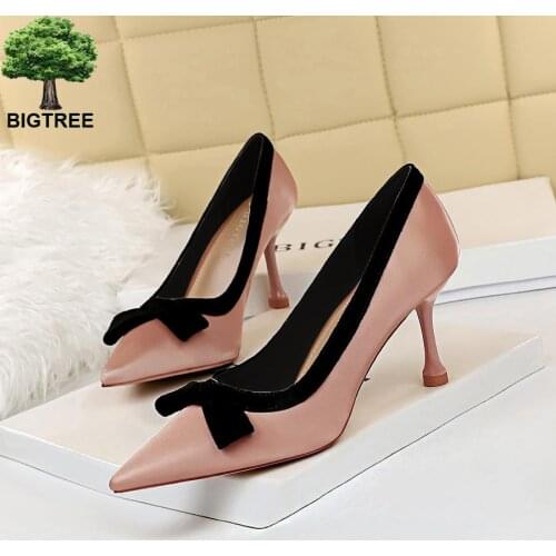 BIGTREE 2020 New Spring Autumn High Valentine Light Silk Women Pumps Butterfly-Knot Pumps Heels 8cm Wedding Shoes Size 34-40