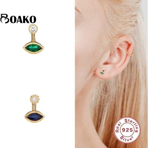 BOAKO 925 Sterling Silver Green Zircon Stud Earring For Women Pendientes Piercing Evil Eye Earing Fine Jewelry Earring for Gifts