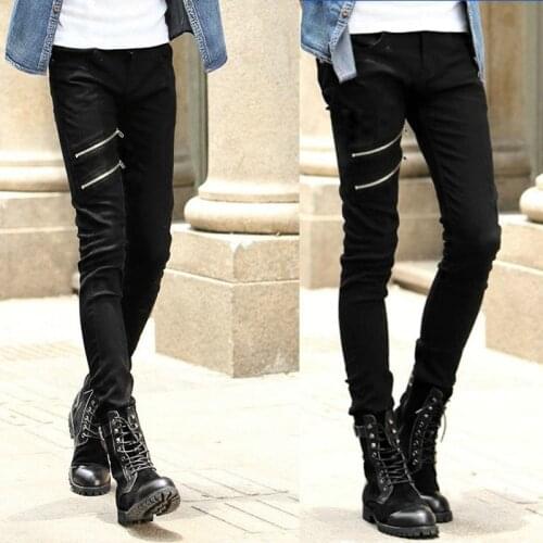 Wholesale 2019 Fashion Summer thin Double zipper skinny teenagers boys black show thin hip hop streetwear Pencil jeans men 28-34