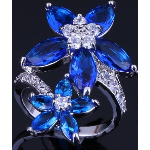 Impressive Star Blue Cubic Zirconia White CZ Silver Plated Ring V0517